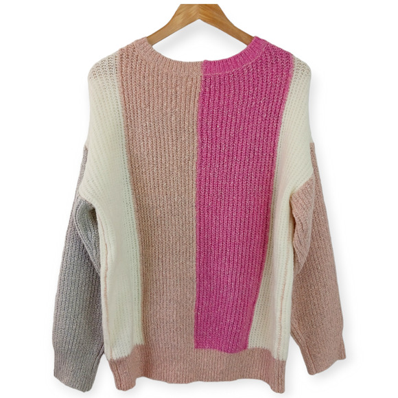 Kori SZ S Oversized Colorblock Striped V-Neck Sweater NWT Pink Gray Cream Tan - Picture 5 of 8